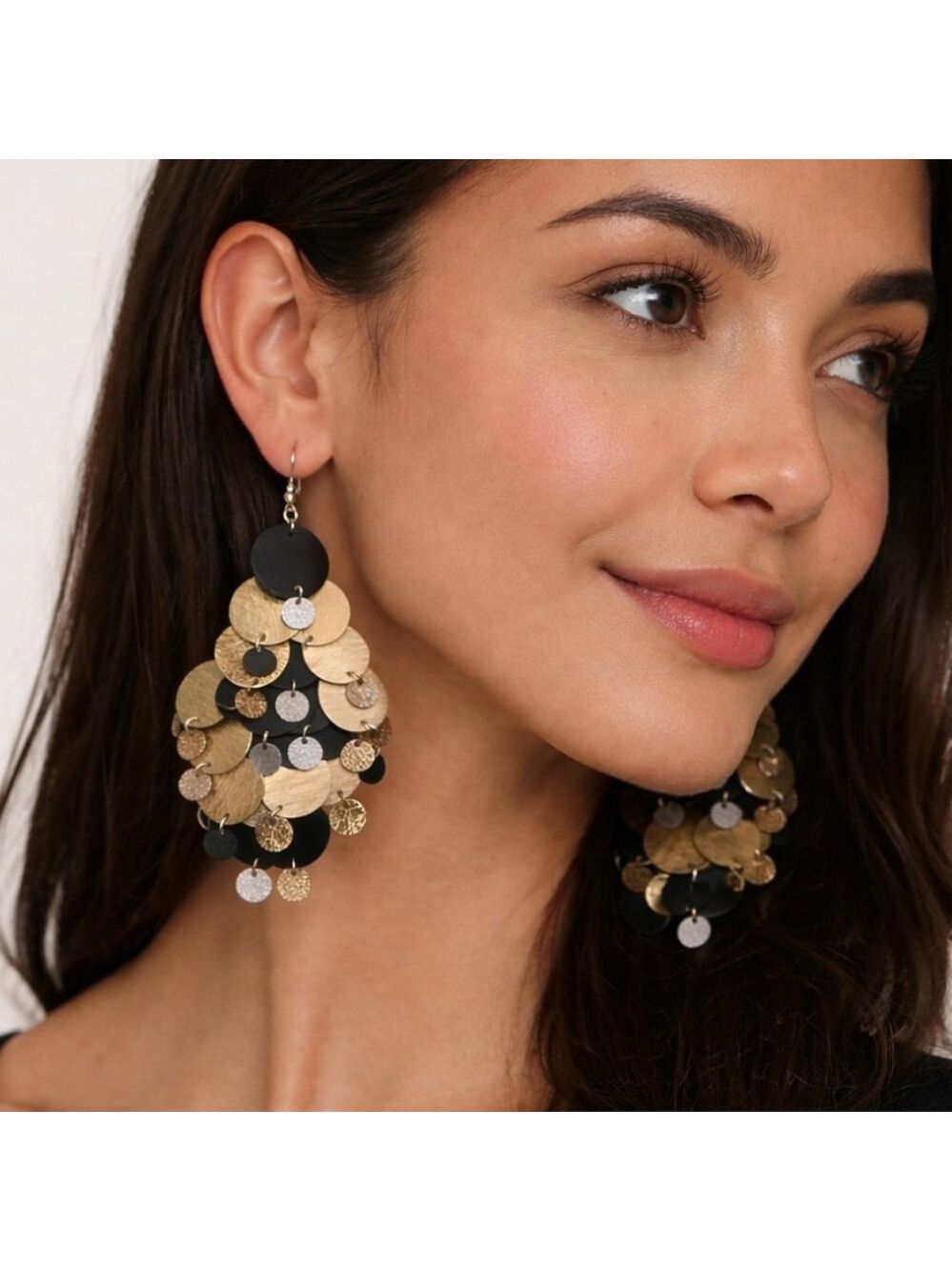 Mixed Metal Disc Statement Dangle Earrings Black Gold Silver Boho Glam